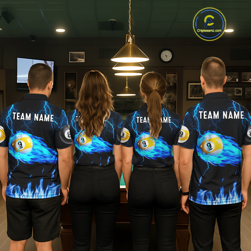 Blue Lightning Flame 8 Ball & 9 Ball Billiard Shirts For Women Custom Pool Team Jersey Polo 1/4 Zip TDM7674
