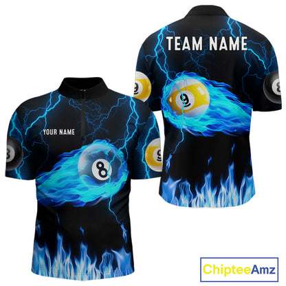 Blue Lightning Flame 8 Ball & 9 Ball Billiard Shirts For Men Custom Pool Team Jersey Polo 1/4 Zip TDM7674