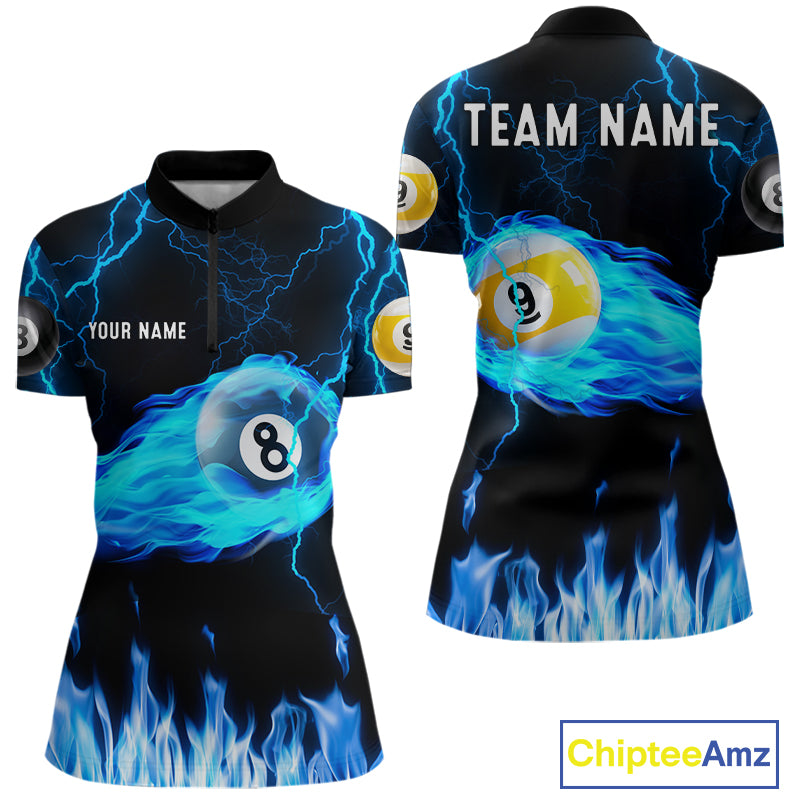 Blue Lightning Flame 8 Ball & 9 Ball Billiard Shirts For Women Custom Pool Team Jersey Polo 1/4 Zip TDM7674