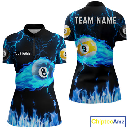Blue Lightning Flame 8 Ball & 9 Ball Billiard Shirts For Women Custom Pool Team Jersey Polo 1/4 Zip TDM7674