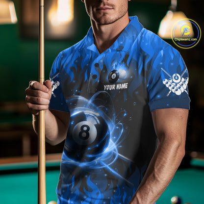 Customized Blue 8 Ball Pool Fire Flame Billiard Shirts For Men Billiard Team Jersey Polo 1/4 Zip TDM7675