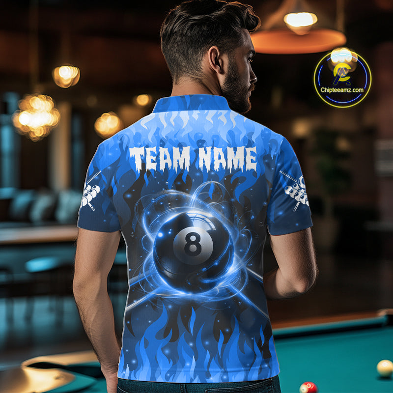Customized Blue 8 Ball Pool Fire Flame Billiard Shirts For Men Billiard Team Jersey Polo 1/4 Zip TDM7675