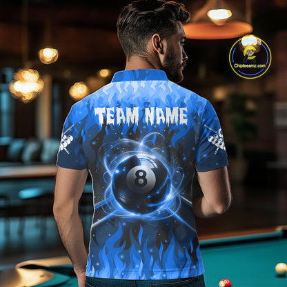 Customized Blue 8 Ball Pool Fire Flame Billiard Shirts For Men Billiard Team Jersey Polo 1/4 Zip TDM7675