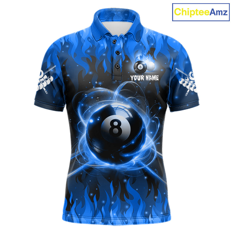 Customized Blue 8 Ball Pool Fire Flame Billiard Shirts For Men Billiard Team Jersey Polo 1/4 Zip TDM7675