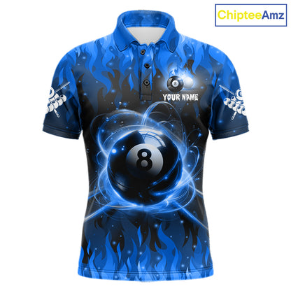 Customized Blue 8 Ball Pool Fire Flame Billiard Shirts For Men Billiard Team Jersey Polo 1/4 Zip TDM7675