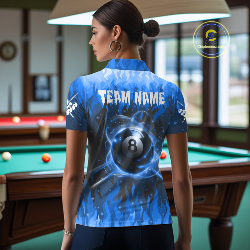 Customized Blue 8 Ball Pool Fire Flame Billiard Shirts For Women Billiard Team Jersey Polo 1/4 Zip TDM7675