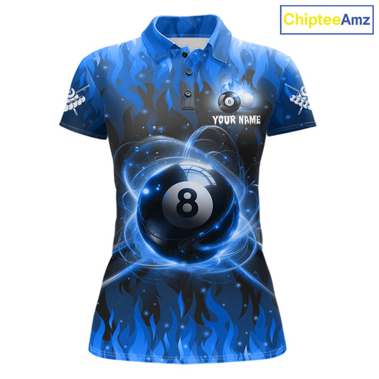 Customized Blue 8 Ball Pool Fire Flame Billiard Shirts For Women Billiard Team Jersey Polo 1/4 Zip TDM7675