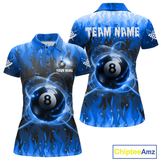 Customized Blue 8 Ball Pool Fire Flame Billiard Shirts For Women Billiard Team Jersey Polo 1/4 Zip TDM7675