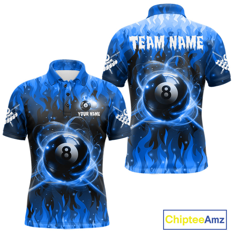 Customized Blue 8 Ball Pool Fire Flame Billiard Shirts For Men Billiard Team Jersey Polo 1/4 Zip TDM7675