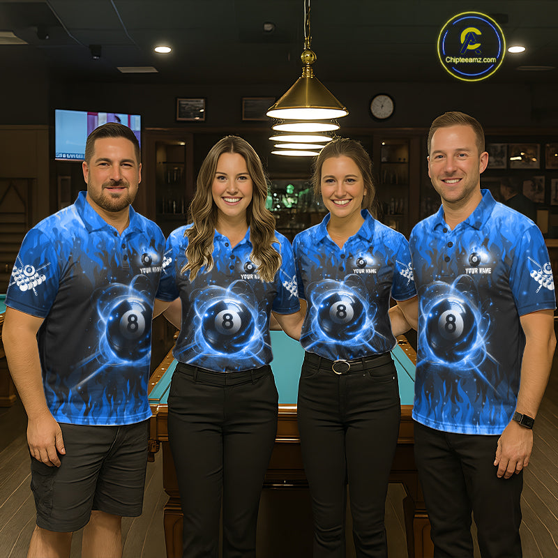Customized Blue 8 Ball Pool Fire Flame Billiard Shirts For Men Billiard Team Jersey Polo 1/4 Zip TDM7675