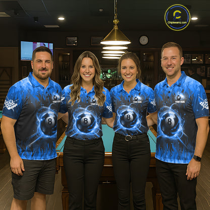 Customized Blue 8 Ball Pool Fire Flame Billiard Shirts For Men Billiard Team Jersey Polo 1/4 Zip TDM7675
