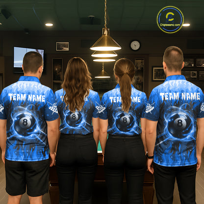 Customized Blue 8 Ball Pool Fire Flame Billiard Shirts For Men Billiard Team Jersey Polo 1/4 Zip TDM7675
