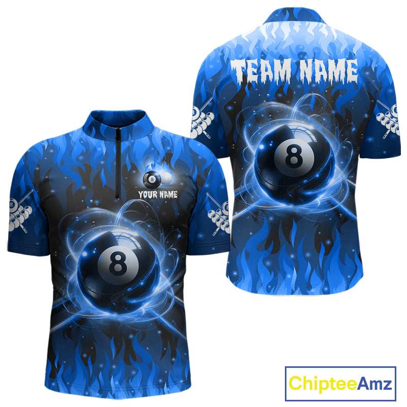 Customized Blue 8 Ball Pool Fire Flame Billiard Shirts For Men Billiard Team Jersey Polo 1/4 Zip TDM7675