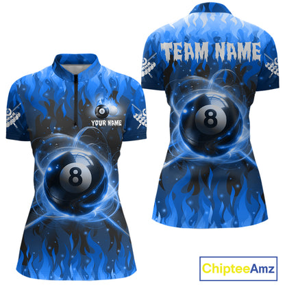 Customized Blue 8 Ball Pool Fire Flame Billiard Shirts For Women Billiard Team Jersey Polo 1/4 Zip TDM7675