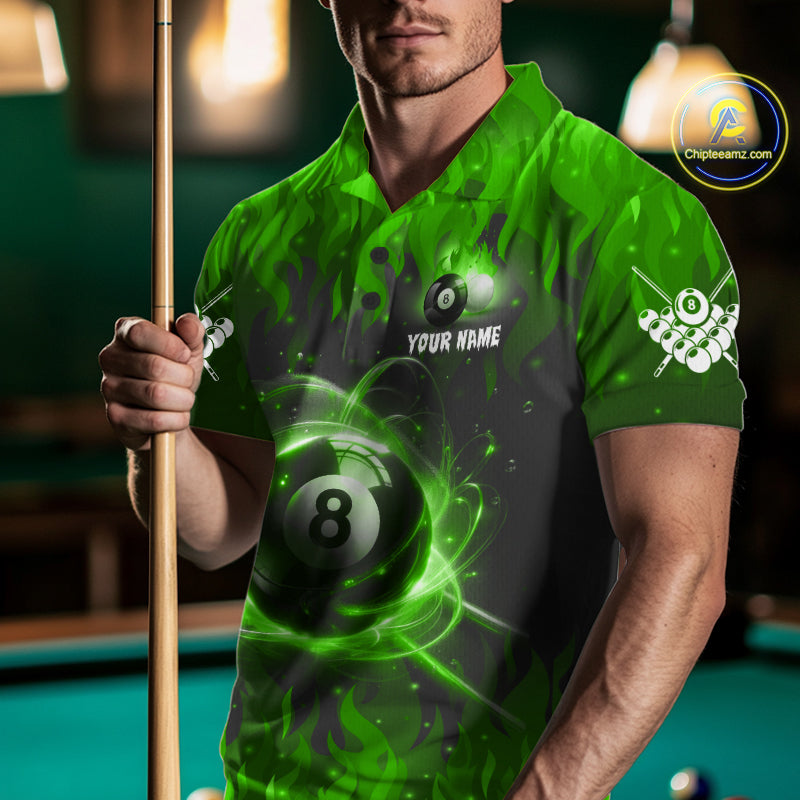 Customized Green 8 Ball Pool Fire Flame Billiard Shirts For Men Billiard Team Jersey Polo 1/4 Zip TDM7676