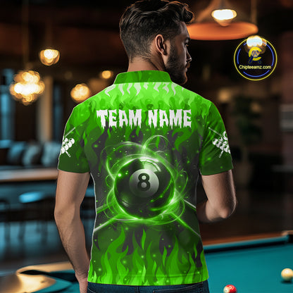 Customized Green 8 Ball Pool Fire Flame Billiard Shirts For Men Billiard Team Jersey Polo 1/4 Zip TDM7676