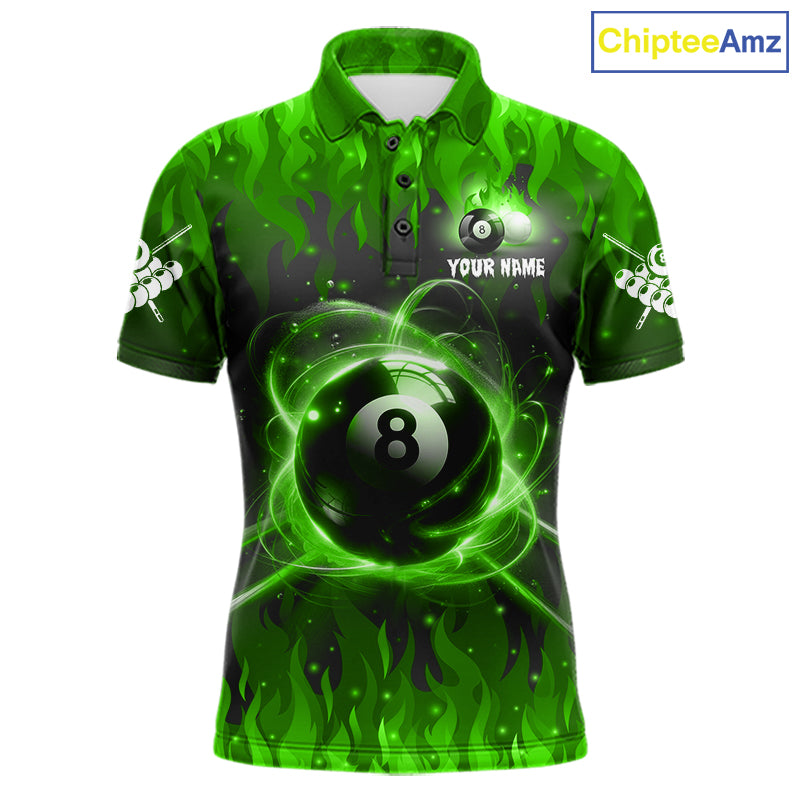 Customized Green 8 Ball Pool Fire Flame Billiard Shirts For Men Billiard Team Jersey Polo 1/4 Zip TDM7676