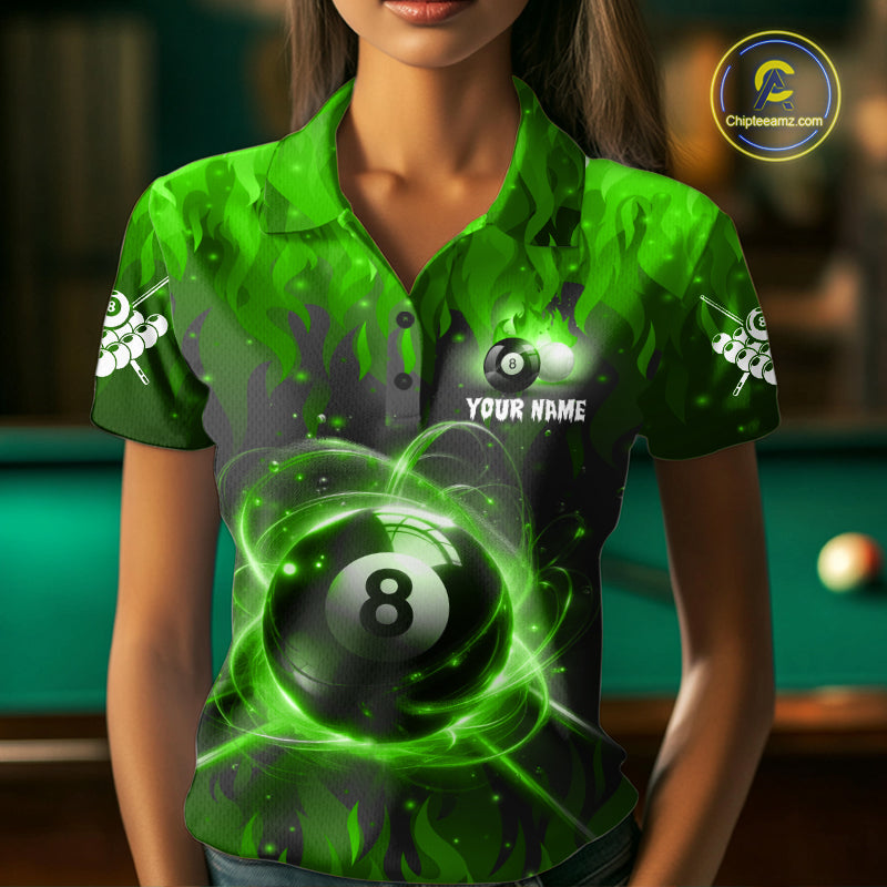 Customized Green 8 Ball Pool Fire Flame Billiard Shirts For Women Billiard Team Jersey Polo 1/4 Zip TDM7676