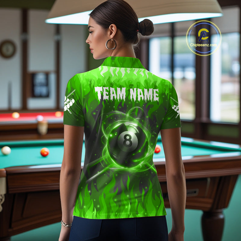Customized Green 8 Ball Pool Fire Flame Billiard Shirts For Women Billiard Team Jersey Polo 1/4 Zip TDM7676