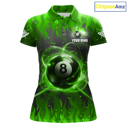 Customized Green 8 Ball Pool Fire Flame Billiard Shirts For Women Billiard Team Jersey Polo 1/4 Zip TDM7676