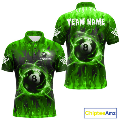 Customized Green 8 Ball Pool Fire Flame Billiard Shirts For Men Billiard Team Jersey Polo 1/4 Zip TDM7676