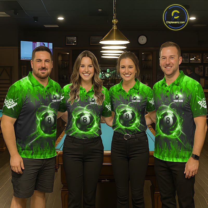 Customized Green 8 Ball Pool Fire Flame Billiard Shirts For Women Billiard Team Jersey Polo 1/4 Zip TDM7676