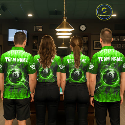 Customized Green 8 Ball Pool Fire Flame Billiard Shirts For Women Billiard Team Jersey Polo 1/4 Zip TDM7676