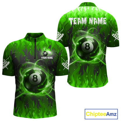 Customized Green 8 Ball Pool Fire Flame Billiard Shirts For Men Billiard Team Jersey Polo 1/4 Zip TDM7676
