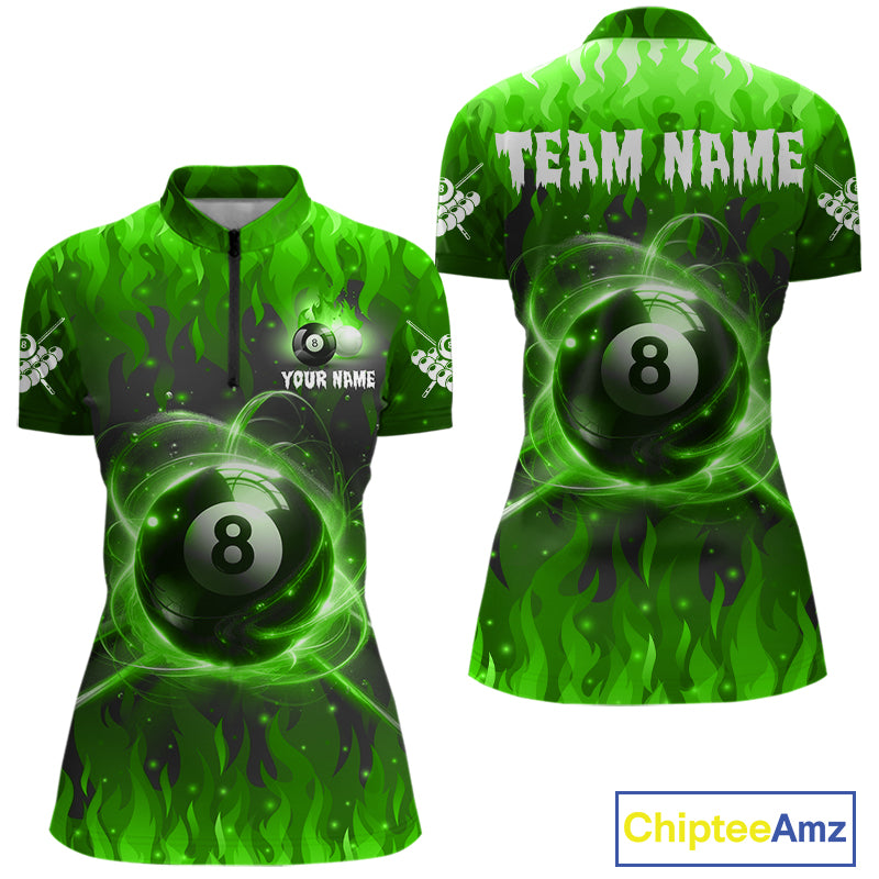 Customized Green 8 Ball Pool Fire Flame Billiard Shirts For Women Billiard Team Jersey Polo 1/4 Zip TDM7676