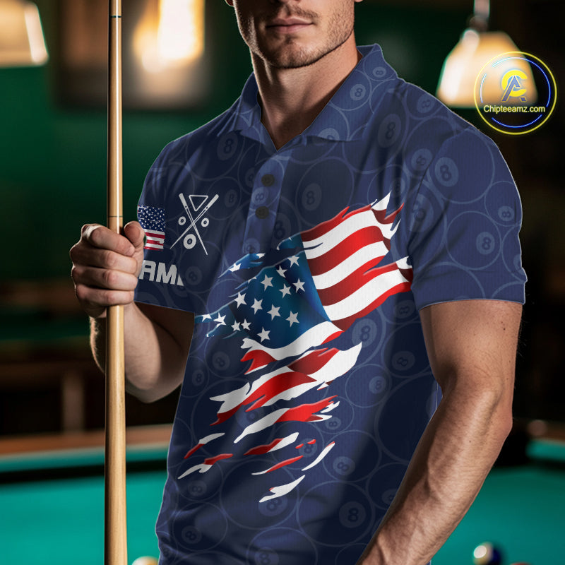 Personalized Navy Blue American Flag Billiard Shirts For Men Patriotic 8 Ball Pool Team Jersey TDM7681