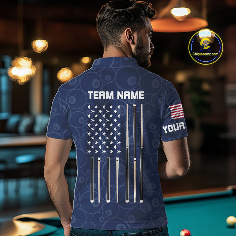 Personalized Navy Blue American Flag Billiard Shirts For Men Patriotic 8 Ball Pool Team Jersey TDM7681