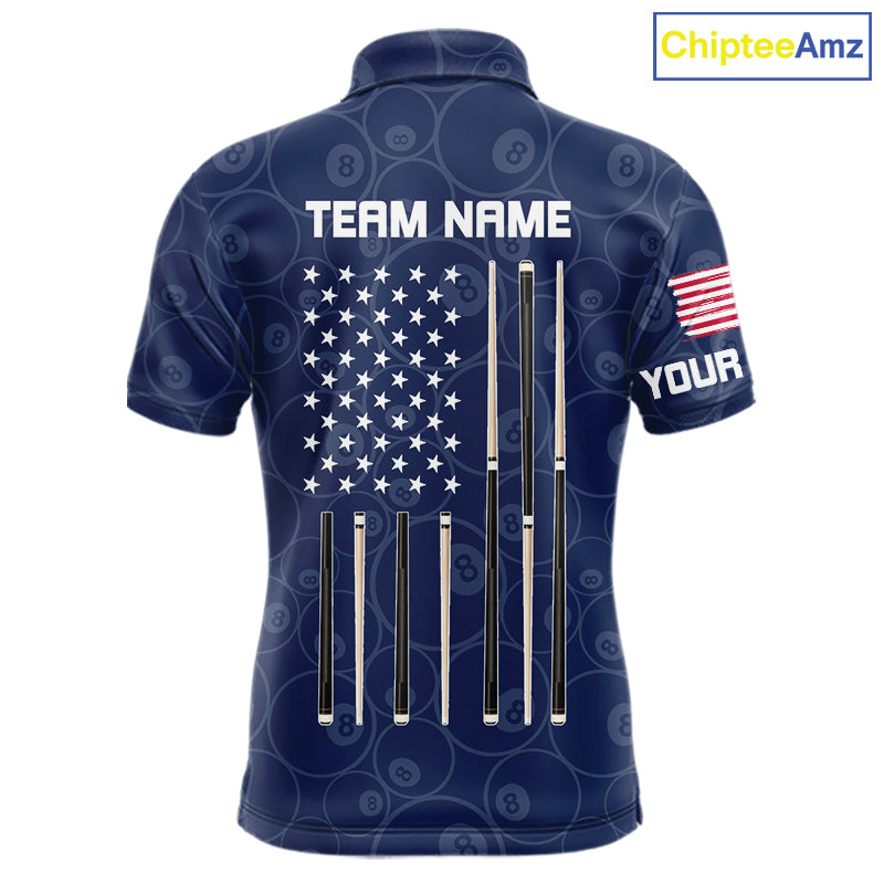 Personalized Navy Blue American Flag Billiard Shirts For Men Patriotic 8 Ball Pool Team Jersey TDM7681