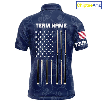 Personalized Navy Blue American Flag Billiard Shirts For Men Patriotic 8 Ball Pool Team Jersey TDM7681