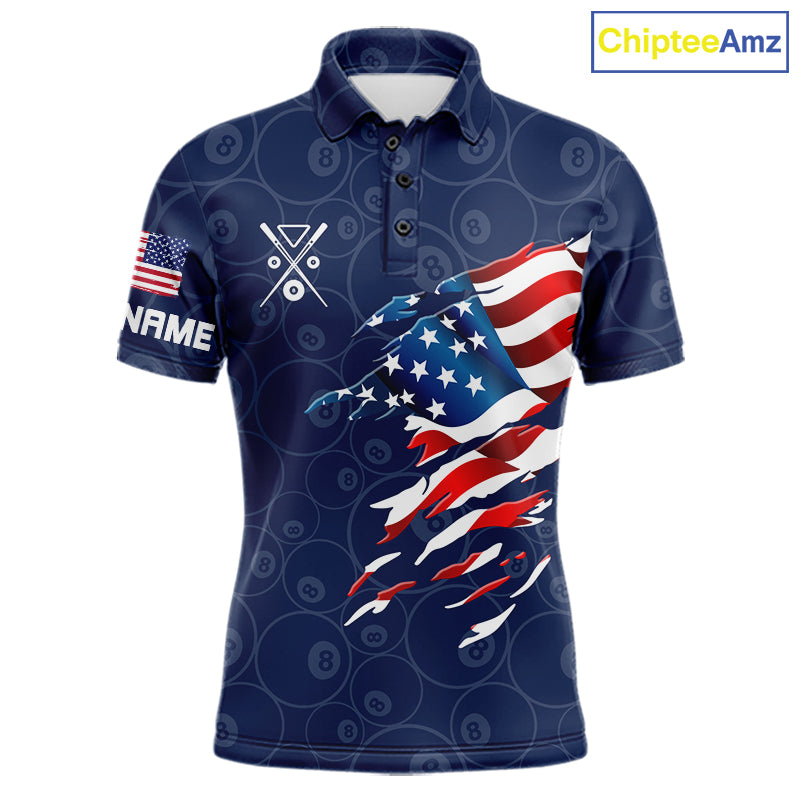 Personalized Navy Blue American Flag Billiard Shirts For Men Patriotic 8 Ball Pool Team Jersey TDM7681