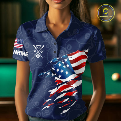 Personalized Navy Blue American Flag Billiard Shirts For Women Patriotic 8 Ball Pool Team Jersey TDM7681