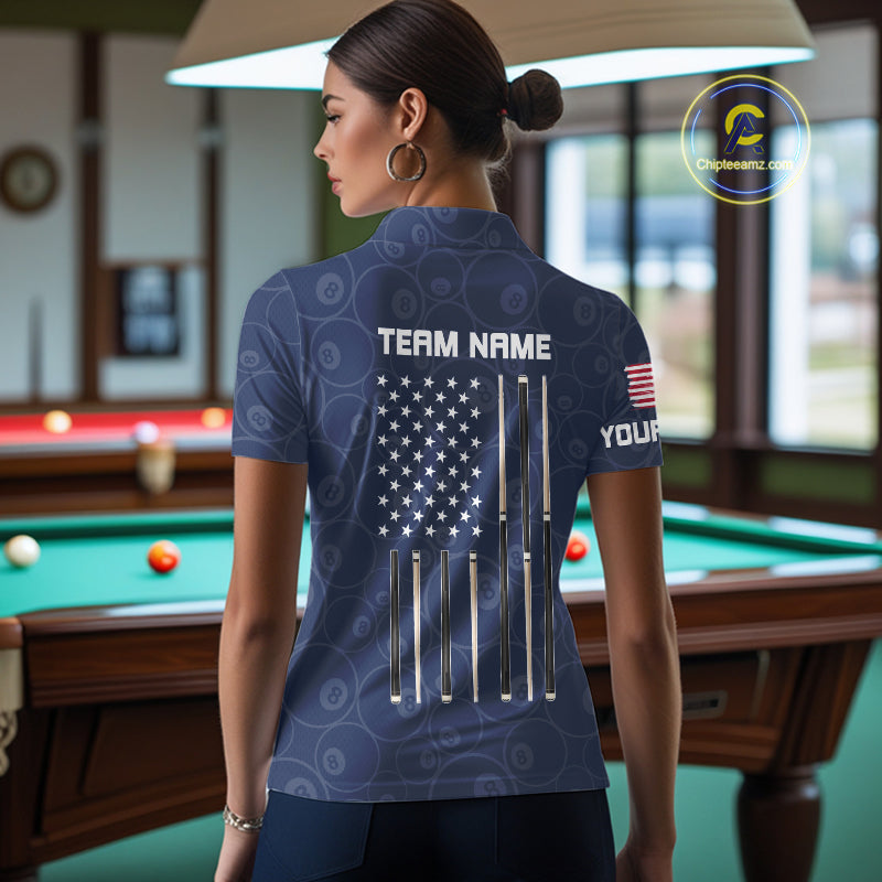 Personalized Navy Blue American Flag Billiard Shirts For Women Patriotic 8 Ball Pool Team Jersey TDM7681
