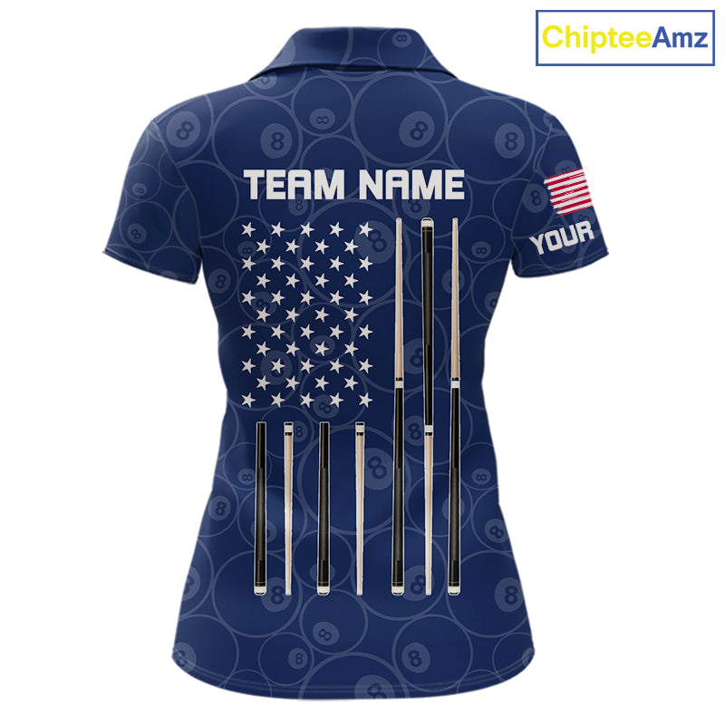 Personalized Navy Blue American Flag Billiard Shirts For Women Patriotic 8 Ball Pool Team Jersey TDM7681
