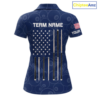 Personalized Navy Blue American Flag Billiard Shirts For Women Patriotic 8 Ball Pool Team Jersey TDM7681