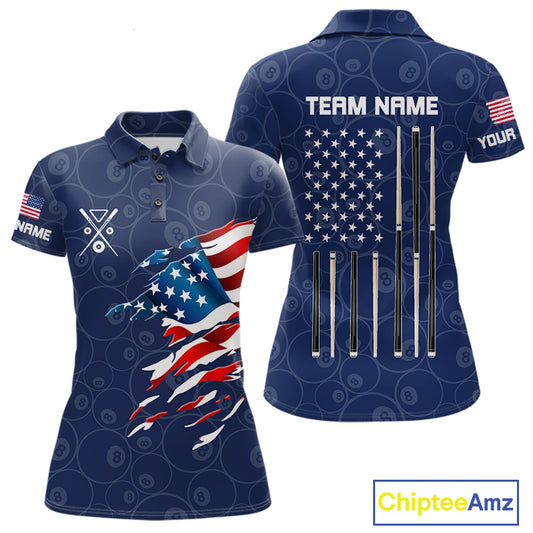 Personalized Navy Blue American Flag Billiard Shirts For Women Patriotic 8 Ball Pool Team Jersey TDM7681