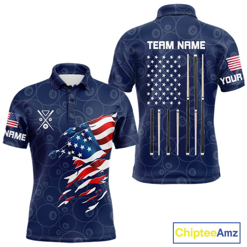 Personalized Navy Blue American Flag Billiard Shirts For Men Patriotic 8 Ball Pool Team Jersey TDM7681