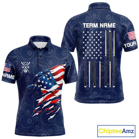 Personalized Navy Blue American Flag Billiard Shirts For Men Patriotic 8 Ball Pool Team Jersey TDM7681