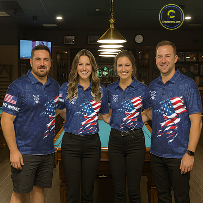 Personalized Navy Blue American Flag Billiard Shirts For Women Patriotic 8 Ball Pool Team Jersey TDM7681