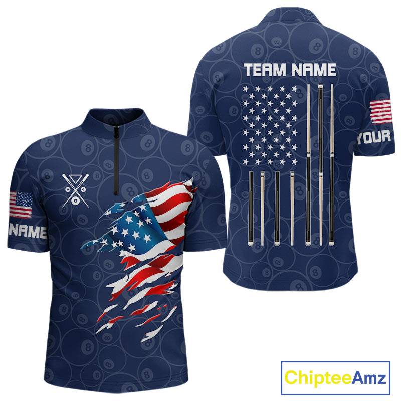 Personalized Navy Blue American Flag Billiard Shirts For Men Patriotic 8 Ball Pool Team Jersey TDM7681