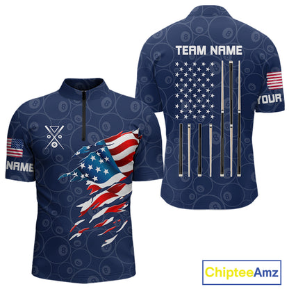 Personalized Navy Blue American Flag Billiard Shirts For Men Patriotic 8 Ball Pool Team Jersey TDM7681