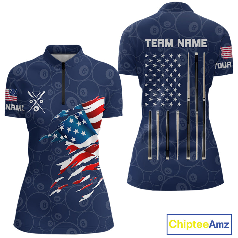 Personalized Navy Blue American Flag Billiard Shirts For Women Patriotic 8 Ball Pool Team Jersey TDM7681