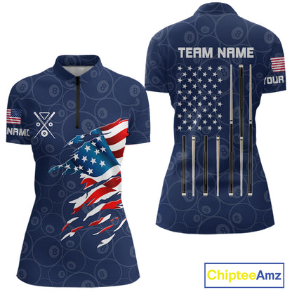Personalized Navy Blue American Flag Billiard Shirts For Women Patriotic 8 Ball Pool Team Jersey TDM7681