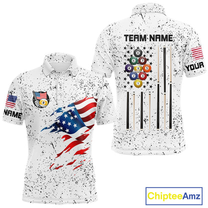 Personalized White Grunge 9 Ball American Flag Billiard Shirts For Men Patriotic Pool Team Jersey TDM7682