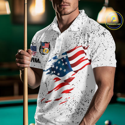 Personalized White Grunge 9 Ball American Flag Billiard Shirts For Men Patriotic Pool Team Jersey TDM7682