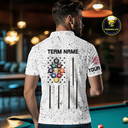 Personalized White Grunge 9 Ball American Flag Billiard Shirts For Men Patriotic Pool Team Jersey TDM7682