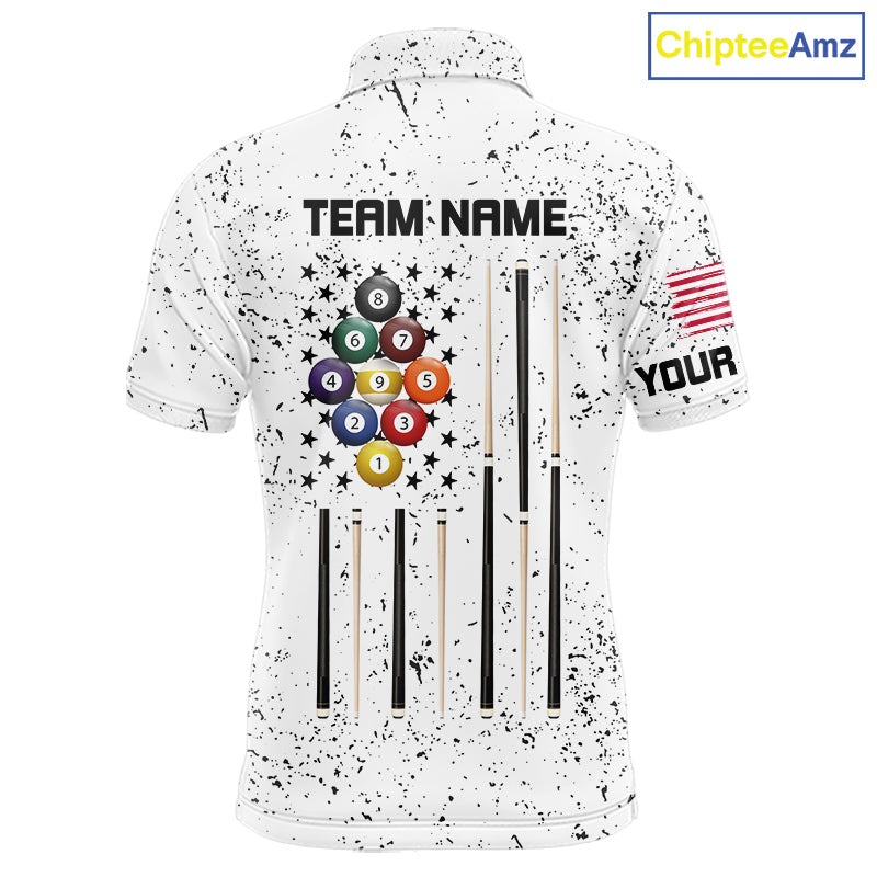 Personalized White Grunge 9 Ball American Flag Billiard Shirts For Men Patriotic Pool Team Jersey TDM7682